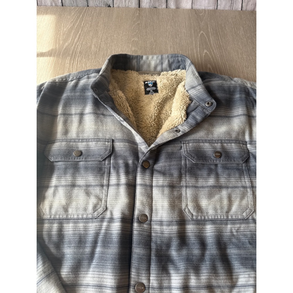 Kuhl Joyrydr Fleece Lined Flannel Shirt Jacket Men XL Grey Blue Plaid Snap Front